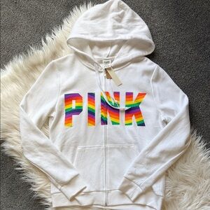 PINK White Zip-Up Hoodie with Rainbow Logo New